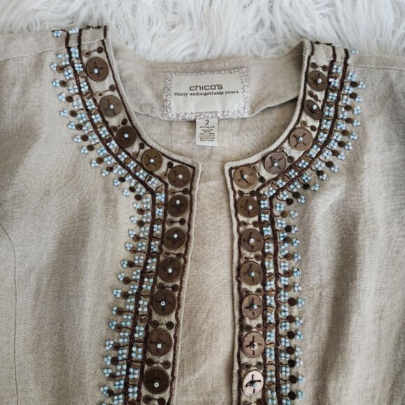 Chicos Jacket Women's 2 L 12‎ Embellished 100% Linen 3/4 Sleeves Tan Boho Casual - Picture 9 of 15